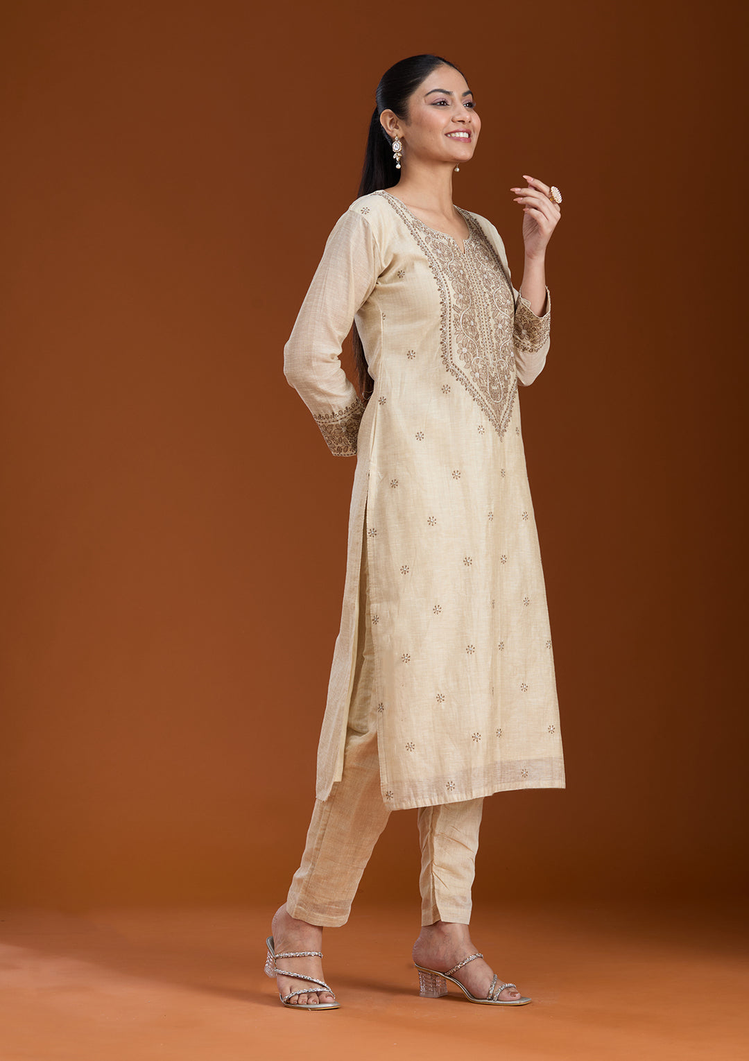 Beige Threadwork Chanderi Readymade Salwar Suit