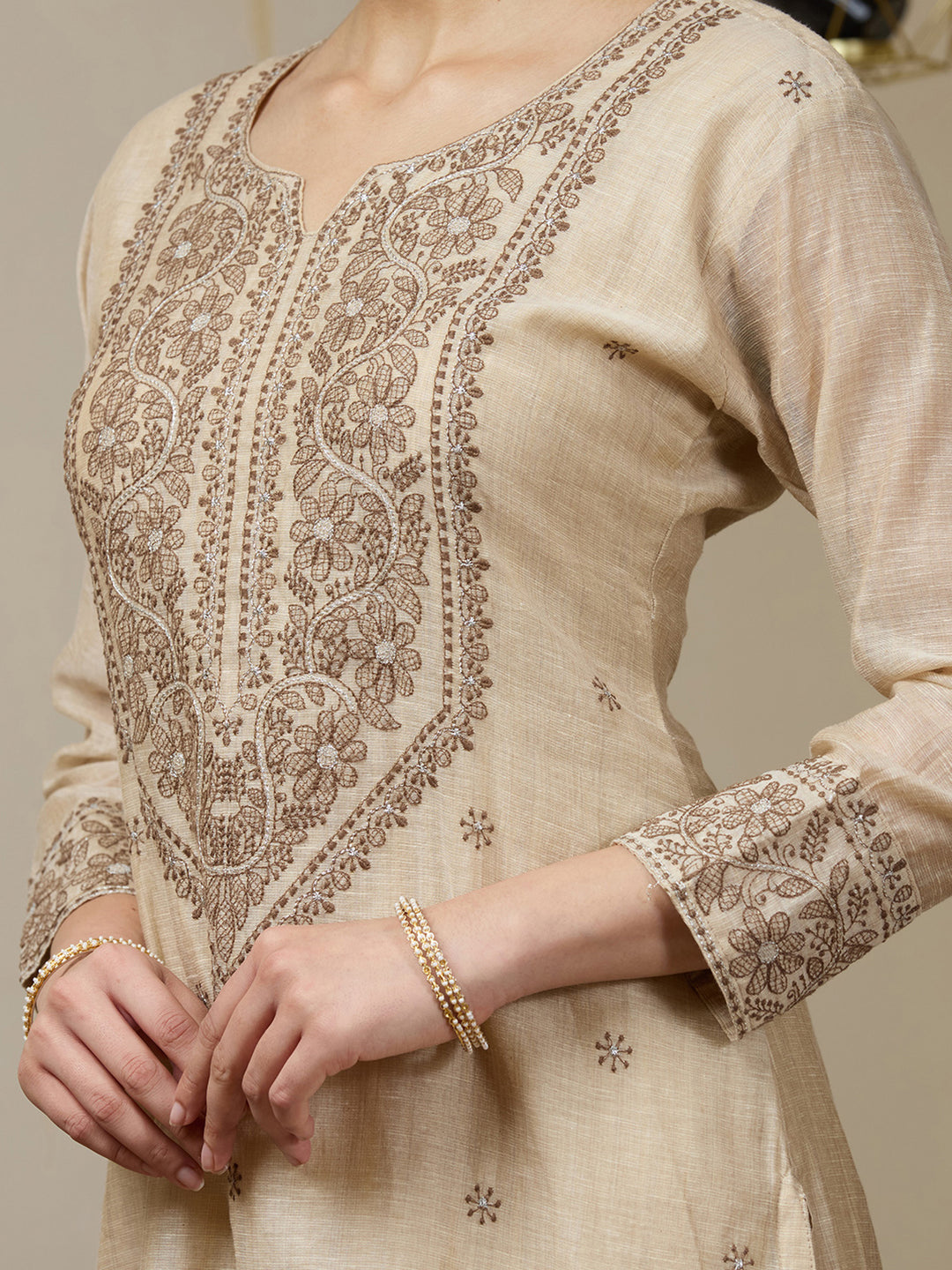 Beige Threadwork Chanderi Readymade Salwar Suit