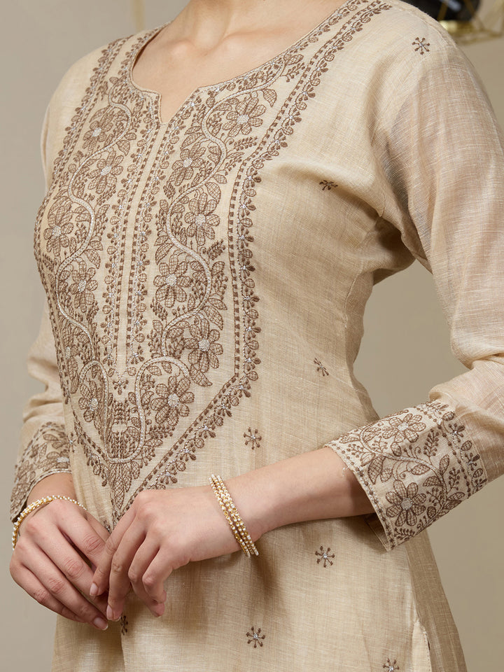 Beige Threadwork Chanderi Readymade Salwar Suit