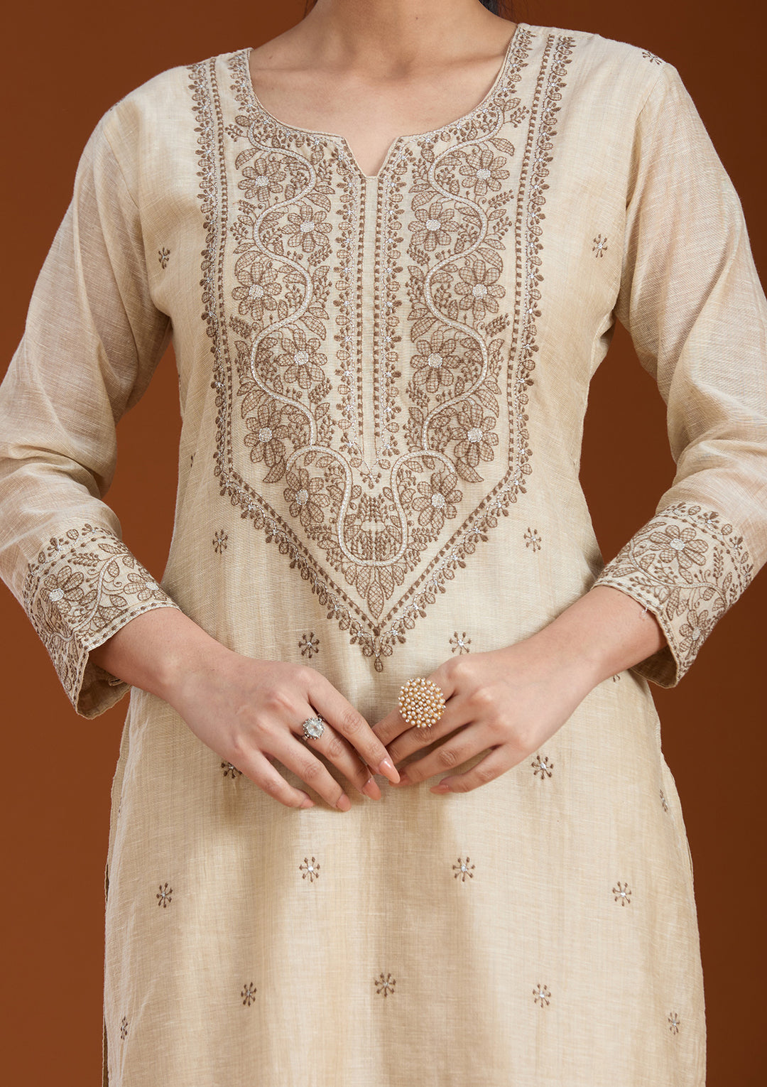 Beige Threadwork Chanderi Readymade Salwar Suit