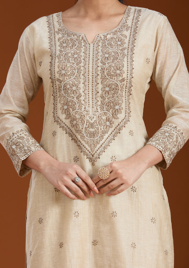 Beige Threadwork Chanderi Readymade Salwar Suit