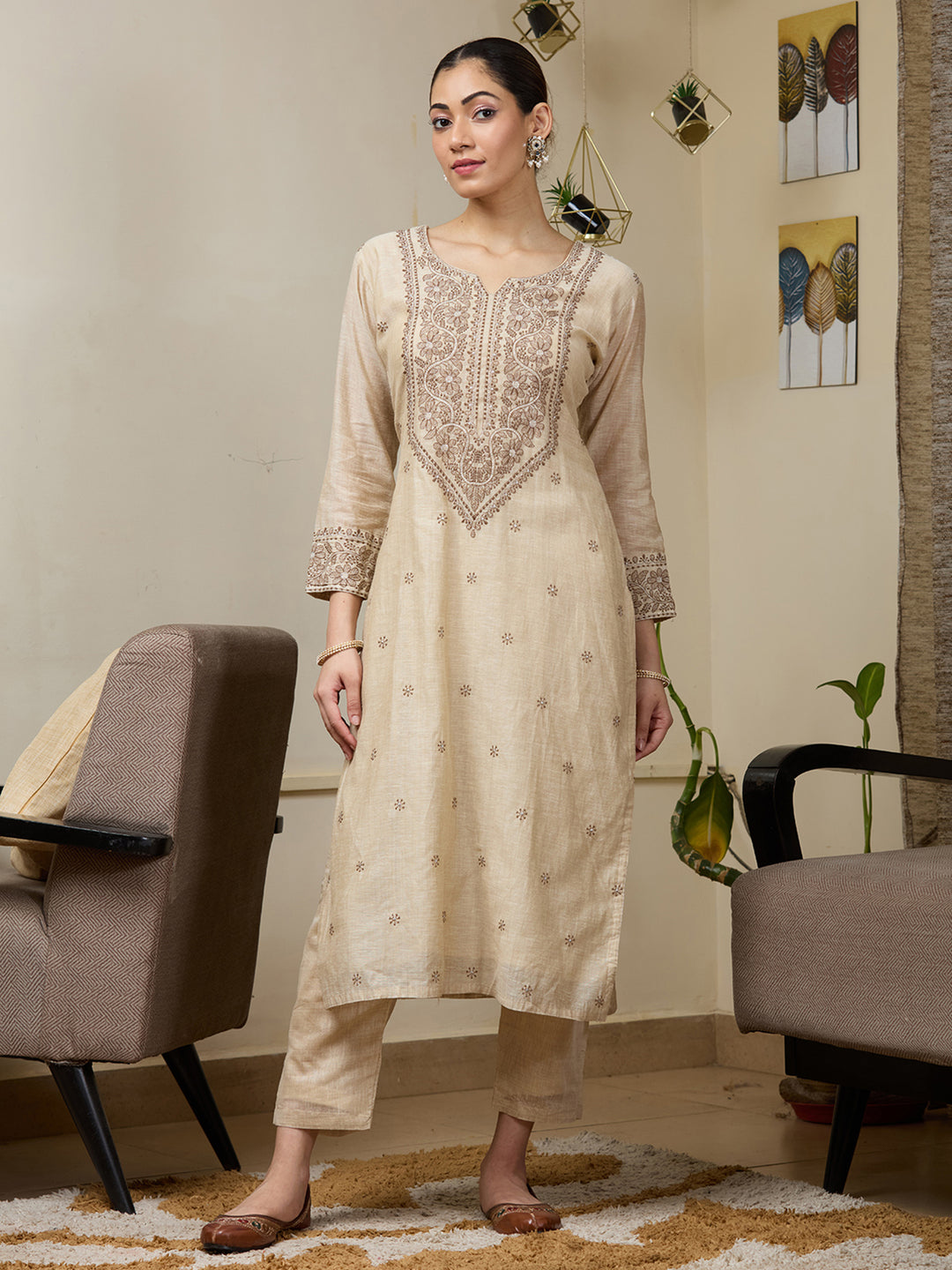 Beige Threadwork Chanderi Readymade Salwar Suit