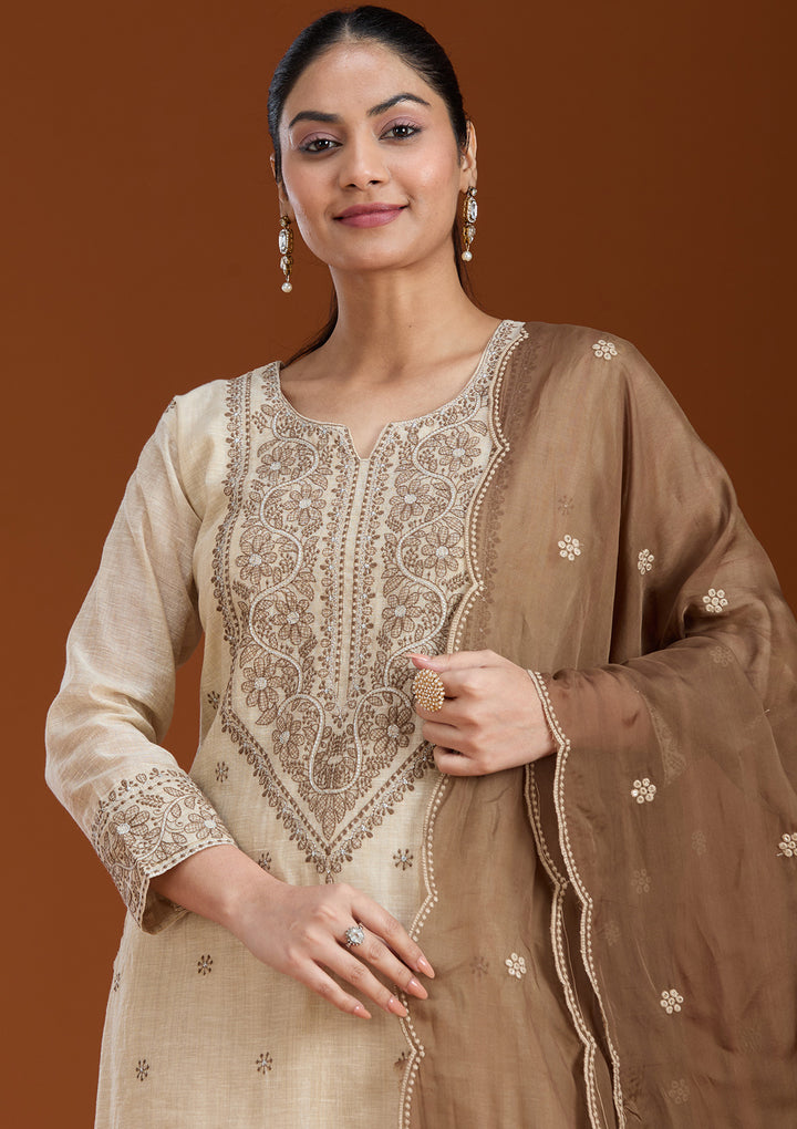 Beige Threadwork Chanderi Readymade Salwar Suit