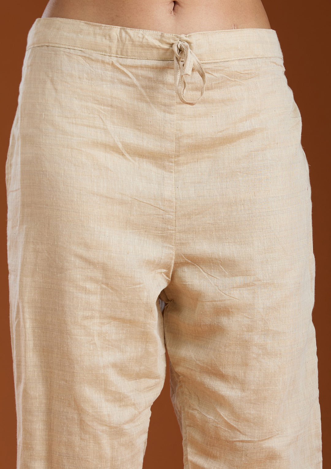 Beige Threadwork Chanderi Readymade Salwar Suit