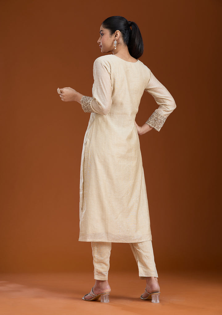 Beige Threadwork Chanderi Readymade Salwar Suit