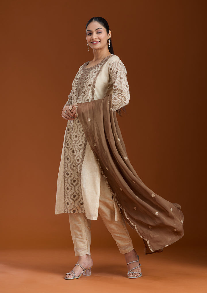 Beige Threadwork Chanderi Readymade Salwar Suit