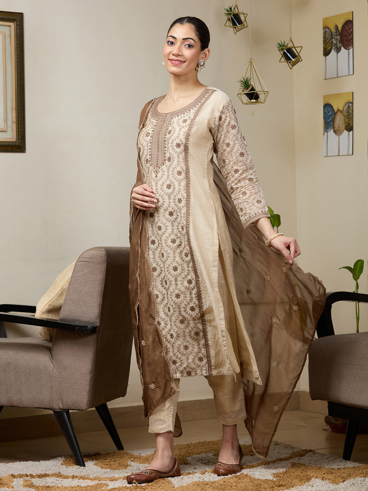 Beige Threadwork Chanderi Readymade Salwar Suit