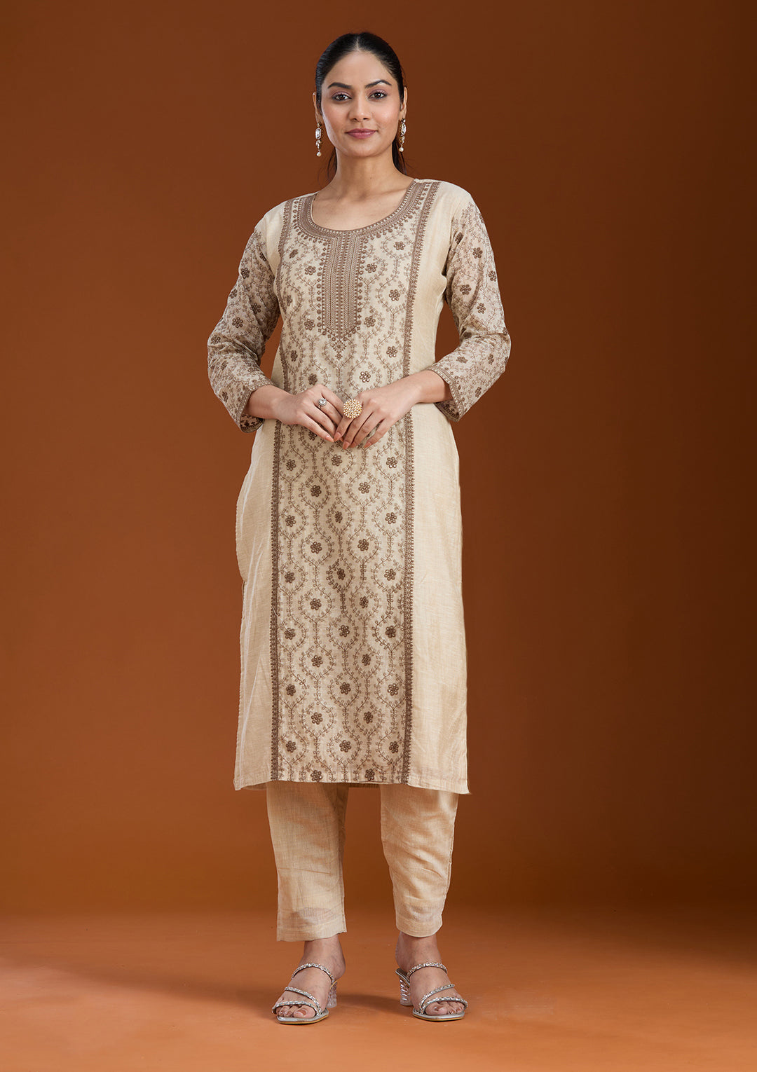 Beige Threadwork Chanderi Readymade Salwar Suit