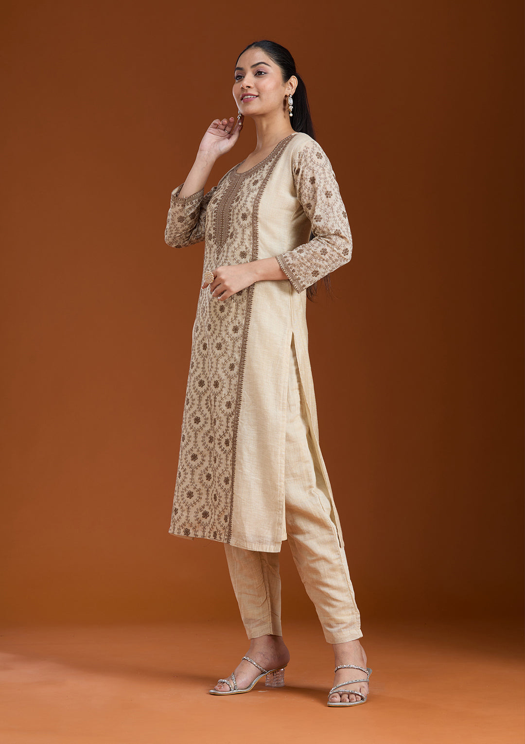 Beige Threadwork Chanderi Readymade Salwar Suit