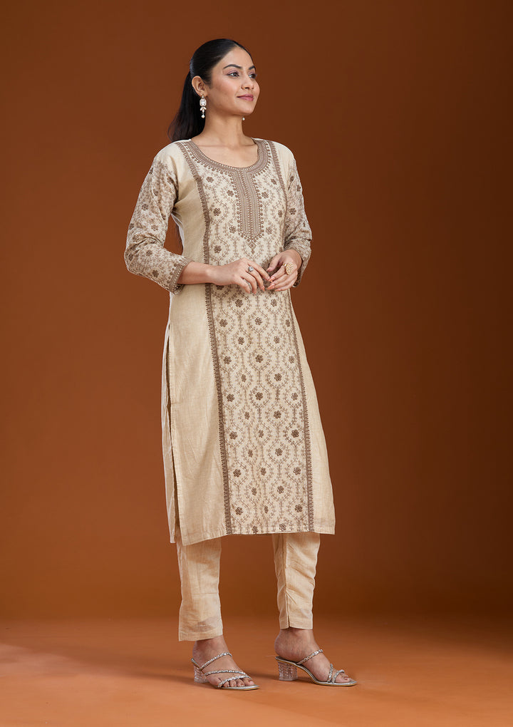 Beige Threadwork Chanderi Readymade Salwar Suit