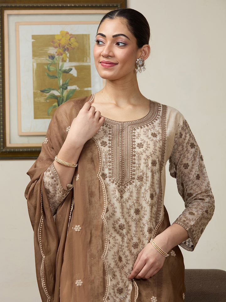 Beige Threadwork Chanderi Readymade Salwar Suit