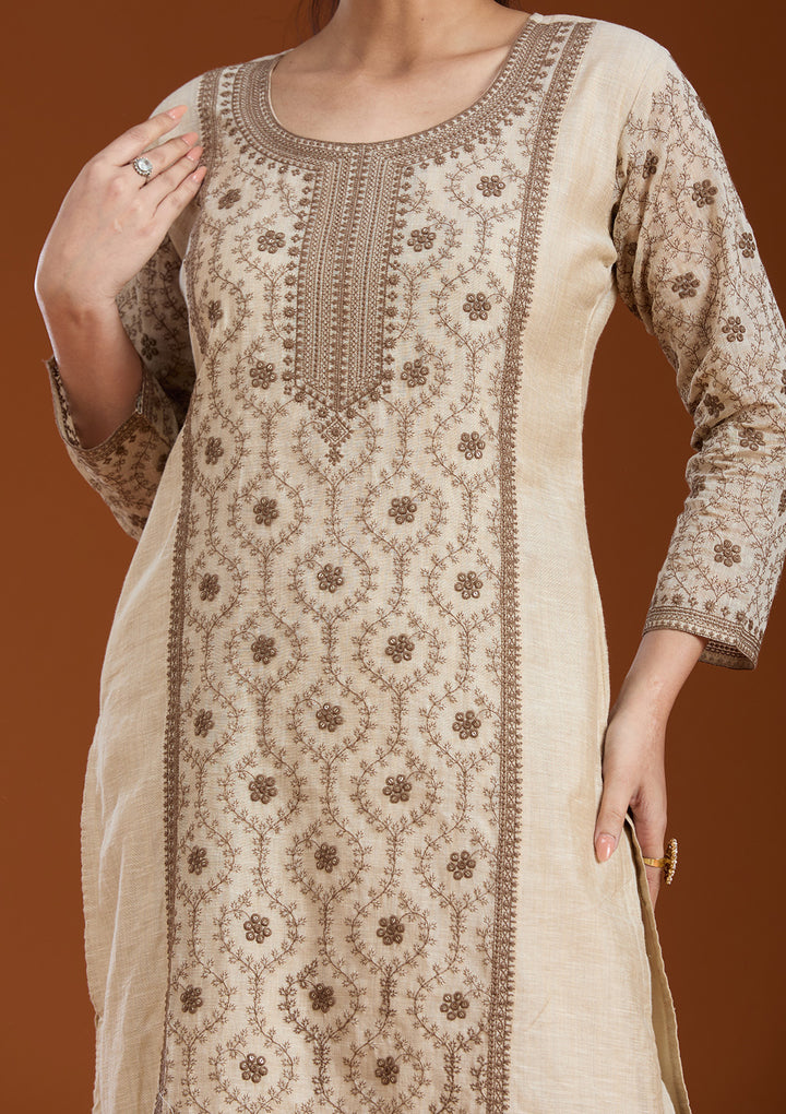 Beige Threadwork Chanderi Readymade Salwar Suit