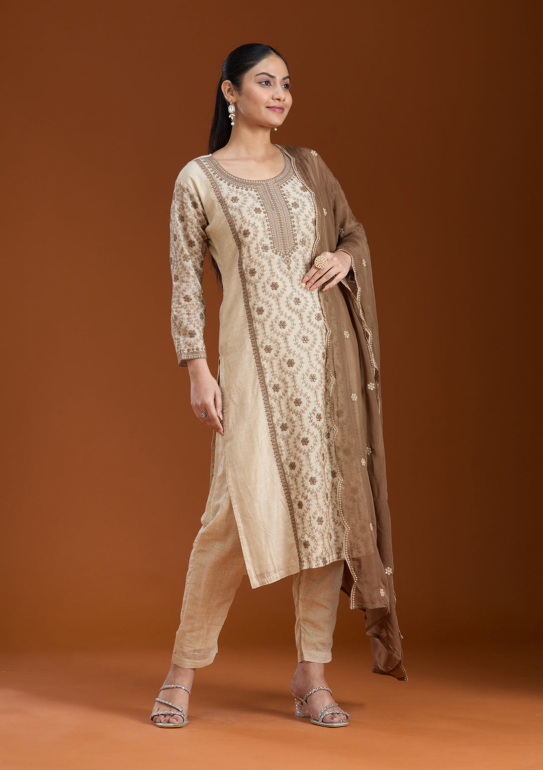 Beige Threadwork Chanderi Readymade Salwar Suit