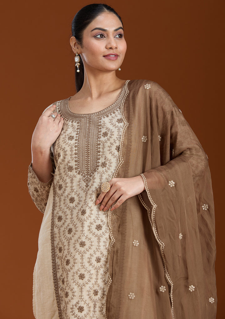 Beige Threadwork Chanderi Readymade Salwar Suit