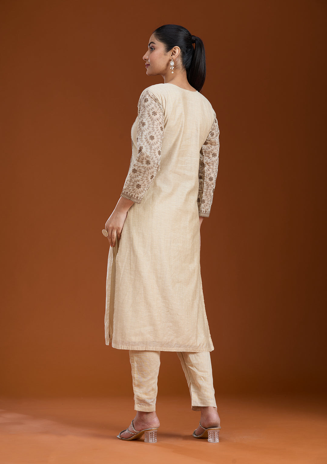 Beige Threadwork Chanderi Readymade Salwar Suit