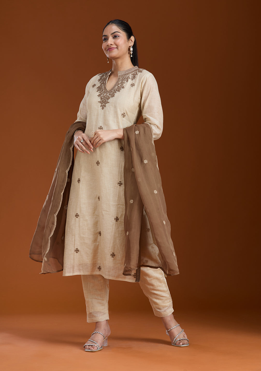Beige Threadwork Chanderi Readymade Salwar Suit