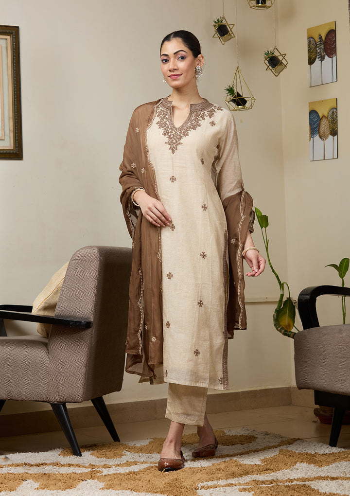 Beige Threadwork Chanderi Readymade Salwar Suit