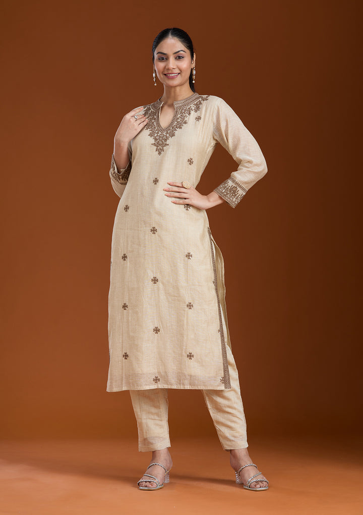 Beige Threadwork Chanderi Readymade Salwar Suit