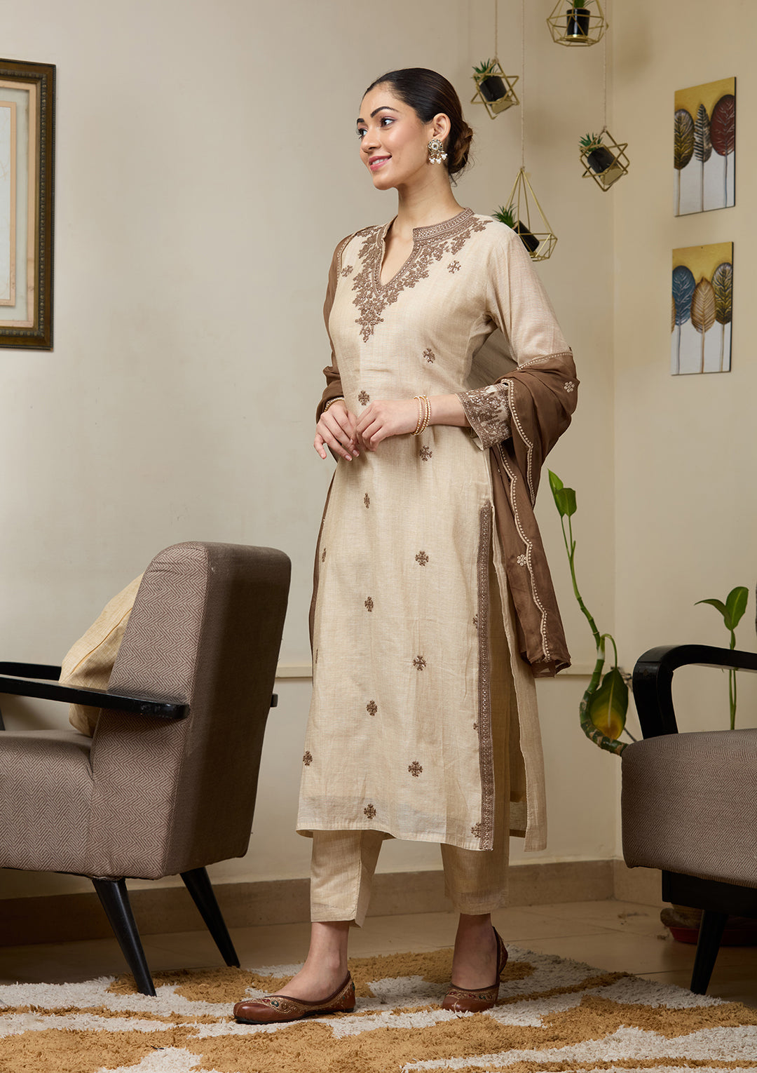 Beige Threadwork Chanderi Readymade Salwar Suit