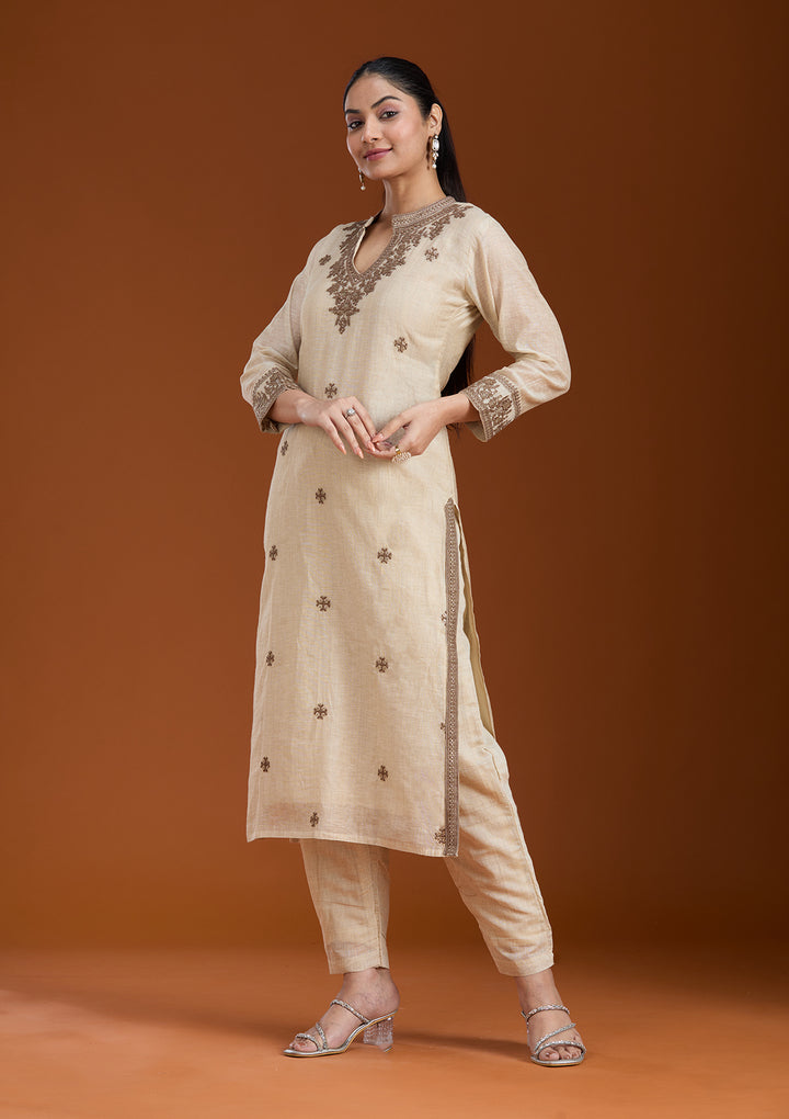 Beige Threadwork Chanderi Readymade Salwar Suit