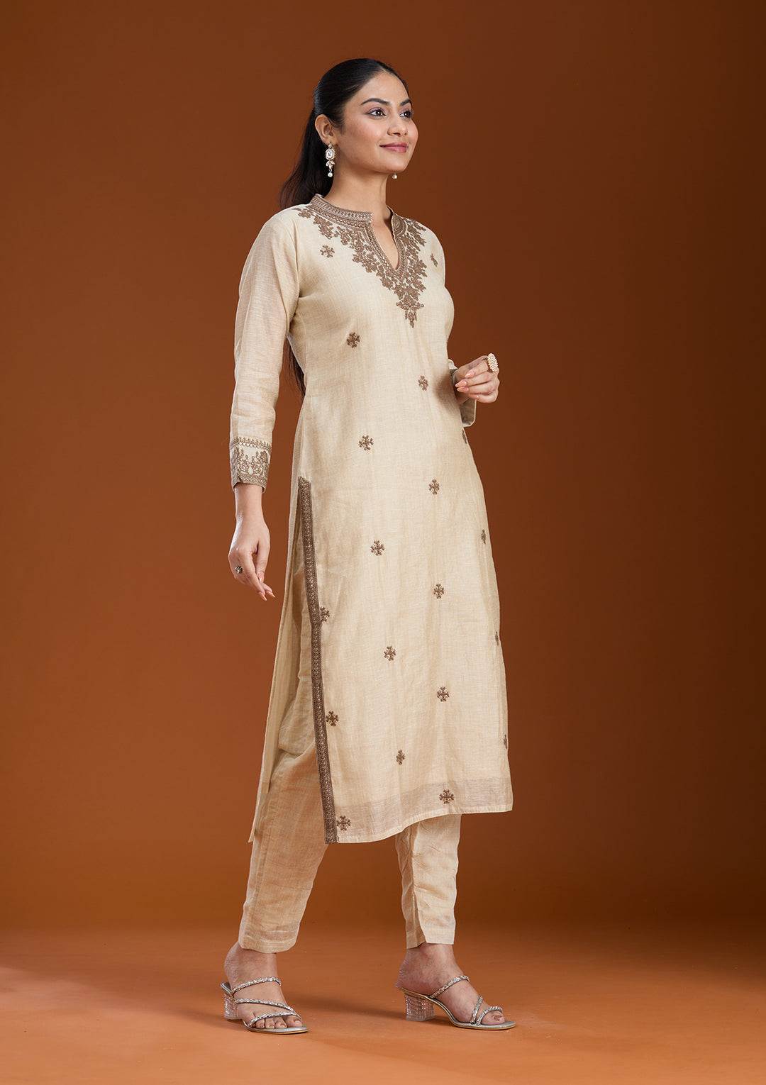 Beige Threadwork Chanderi Readymade Salwar Suit