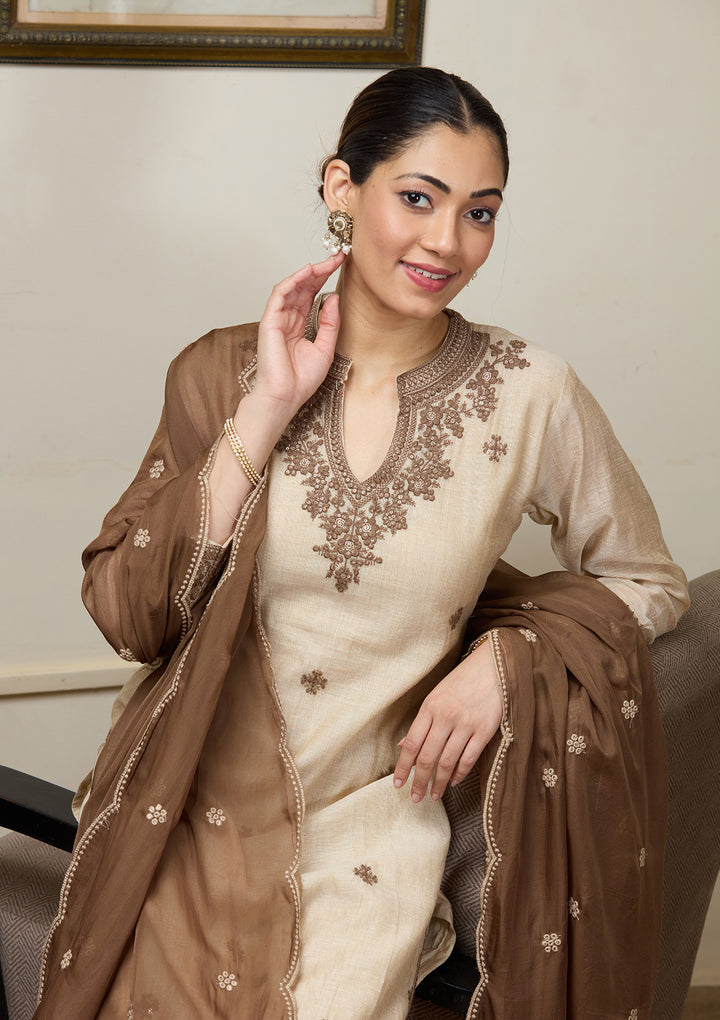 Beige Threadwork Chanderi Readymade Salwar Suit