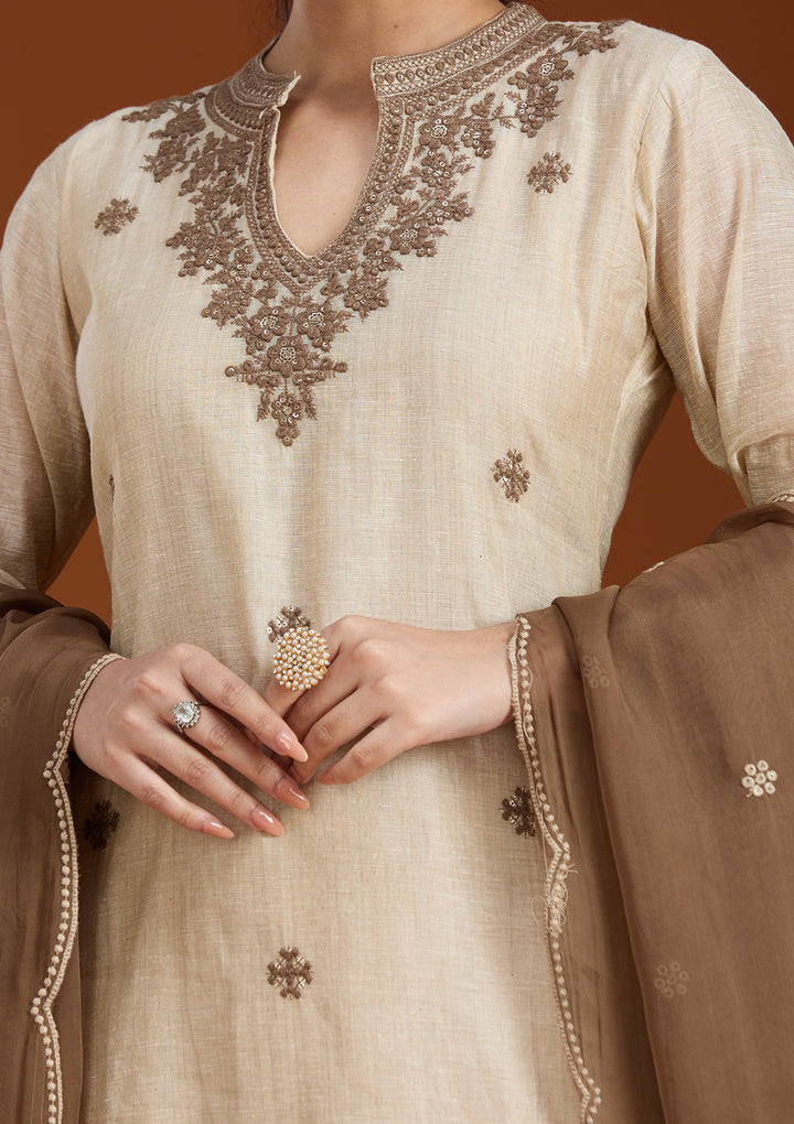 Beige Threadwork Chanderi Readymade Salwar Suit