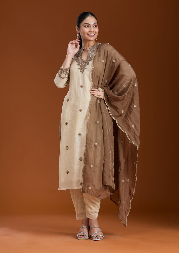 Beige Threadwork Chanderi Readymade Salwar Suit