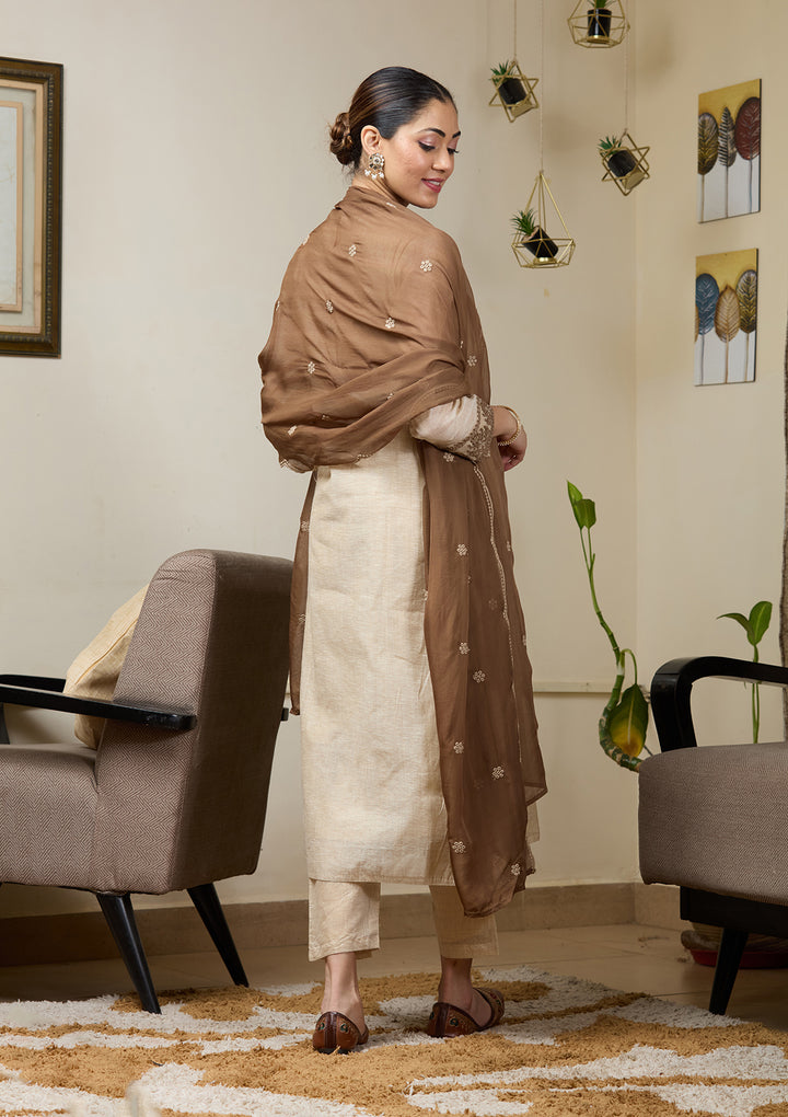 Beige Threadwork Chanderi Readymade Salwar Suit