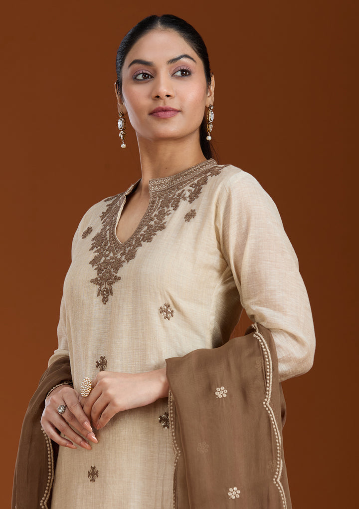 Beige Threadwork Chanderi Readymade Salwar Suit