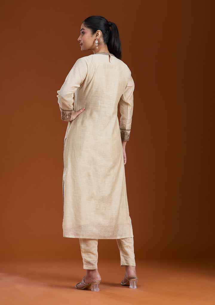 Beige Threadwork Chanderi Readymade Salwar Suit