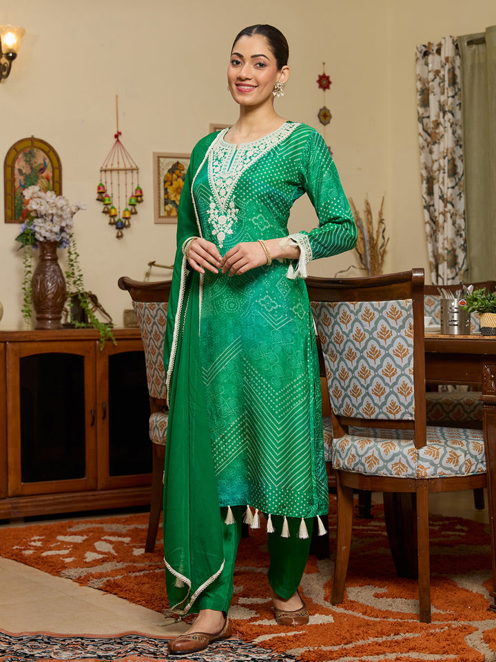 Leaf Green Threadwork Crepe Readymade Salwar Suit