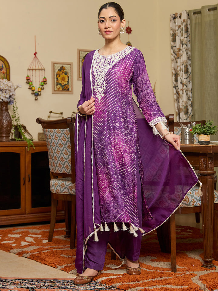 Purple Threadwork Crepe Readymade Salwar Suit