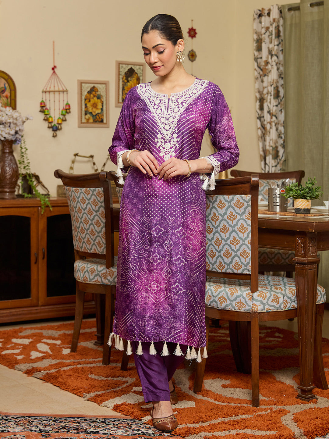 Purple Threadwork Crepe Readymade Salwar Suit