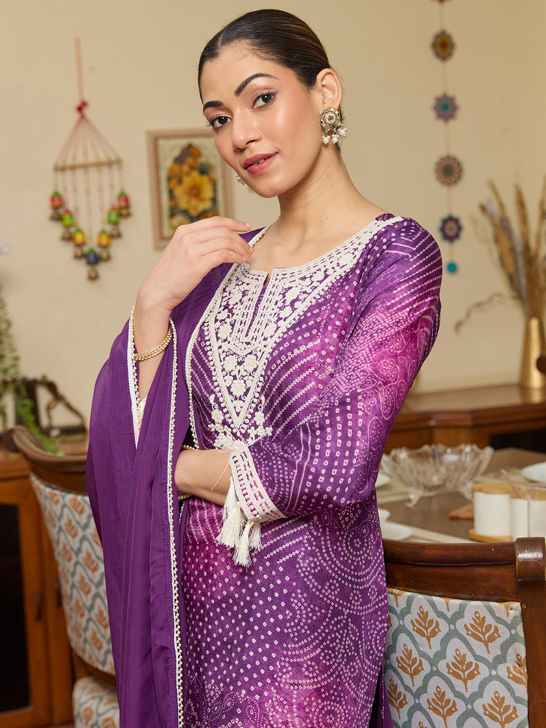 Purple Threadwork Crepe Readymade Salwar Suit