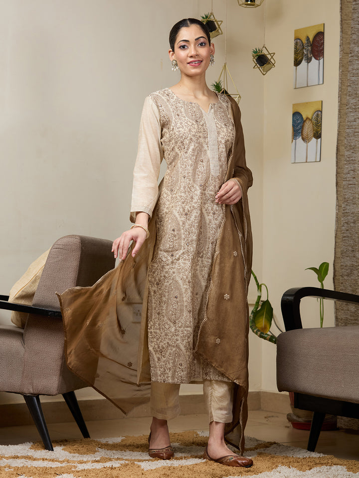 Beige Threadwork Chanderi Readymade Salwar Suit