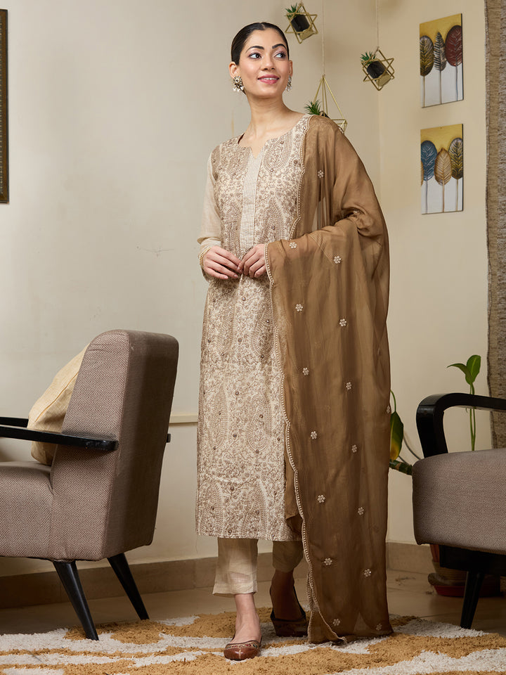 Beige Threadwork Chanderi Readymade Salwar Suit