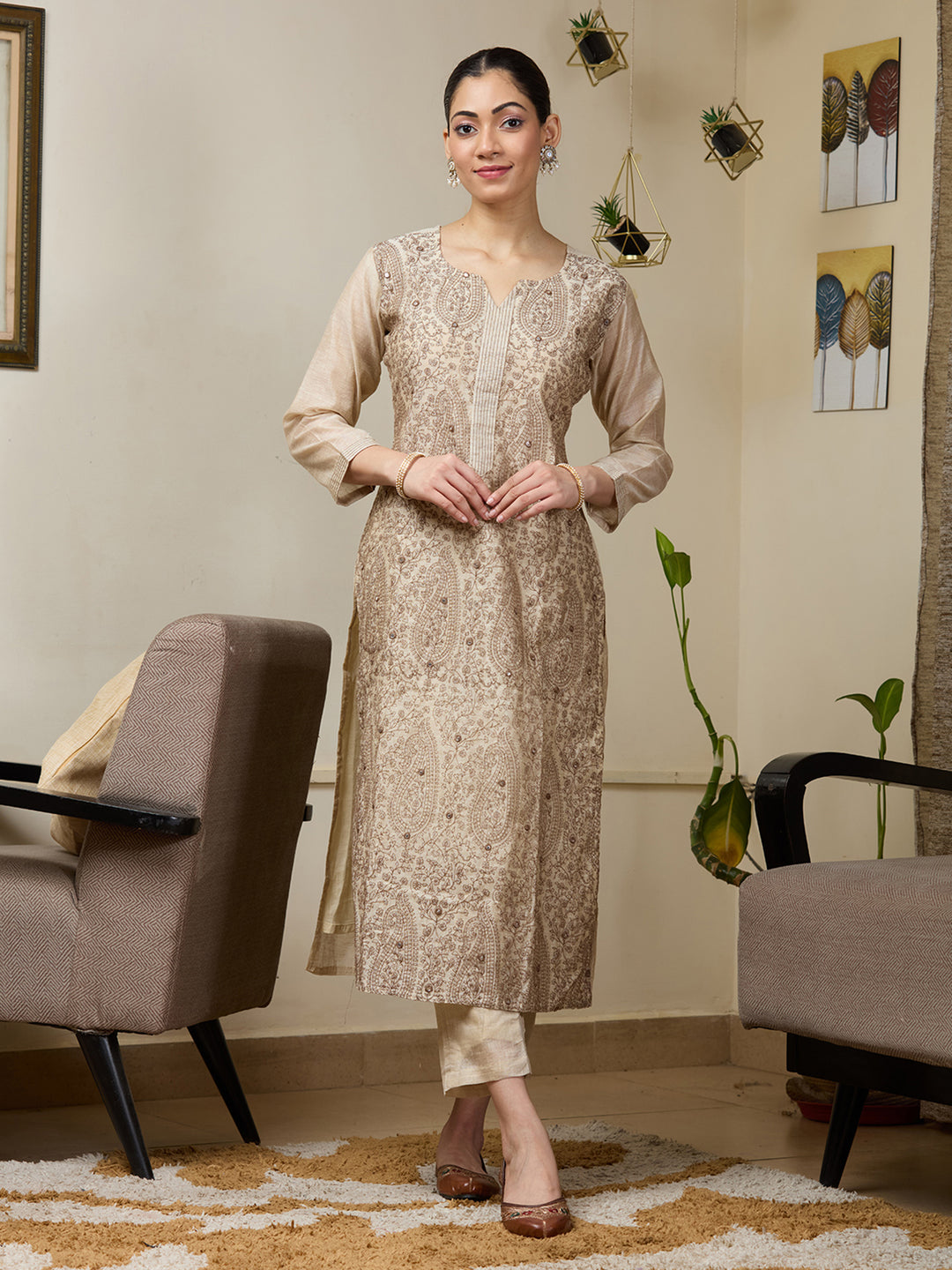 Beige Threadwork Chanderi Readymade Salwar Suit