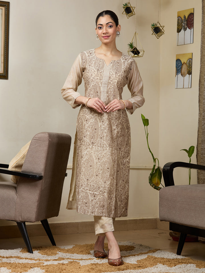 Beige Threadwork Chanderi Readymade Salwar Suit