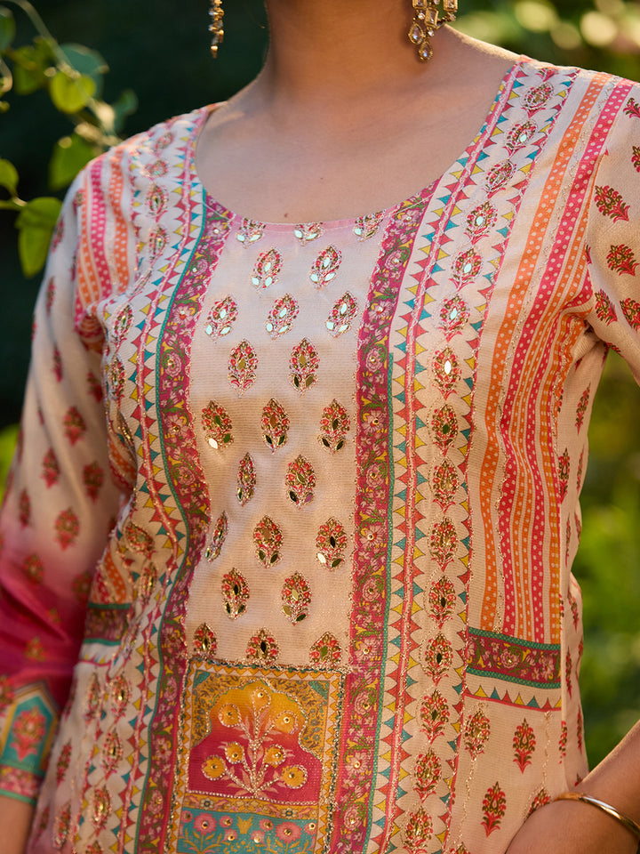 Beige Mirrorwork Tissue Readymade Salwar Suit