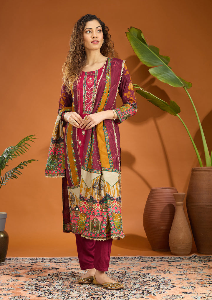 Wine Mirrorwork Tissue Readymade Salwar Suit