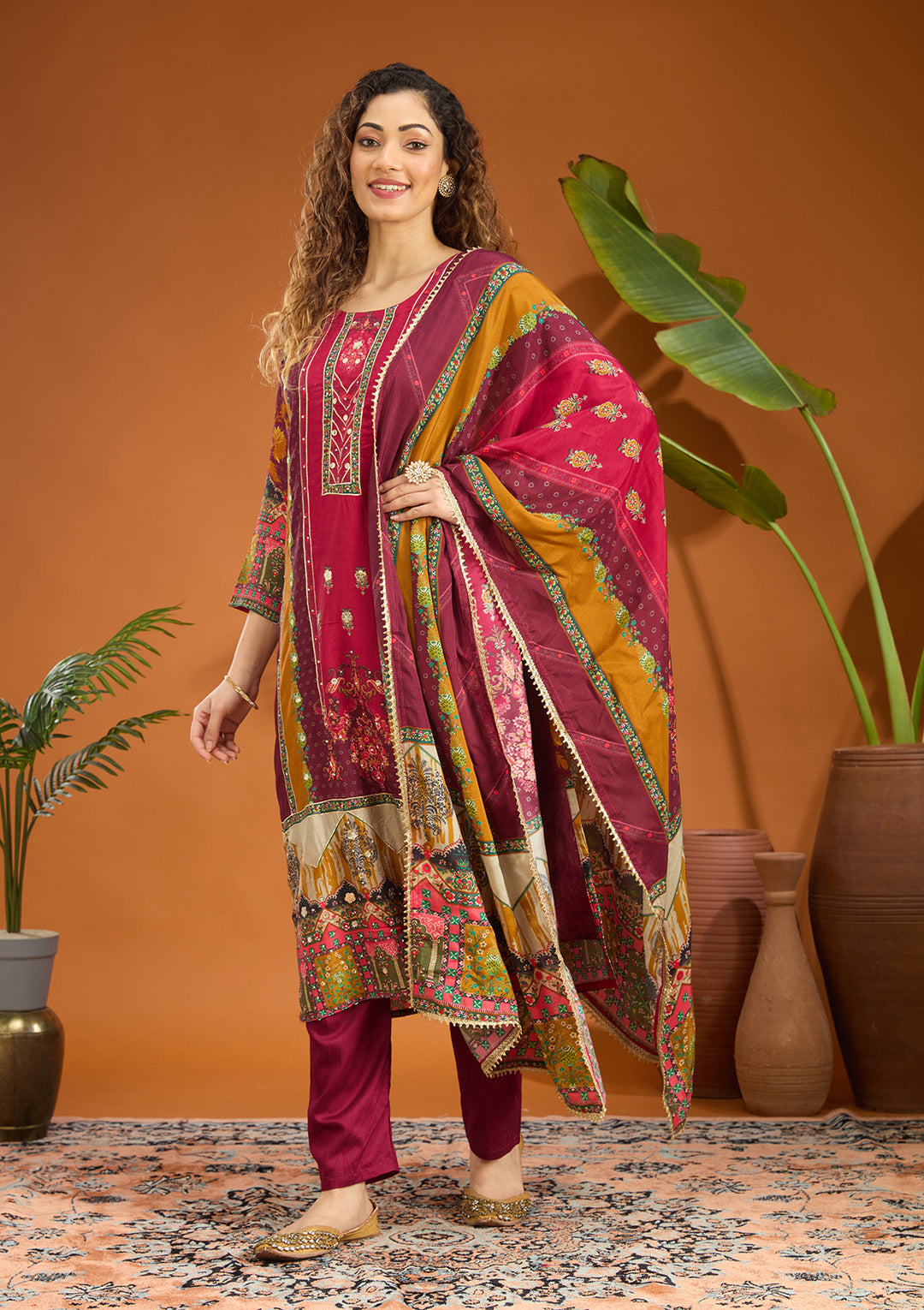 Wine Mirrorwork Tissue Readymade Salwar Suit