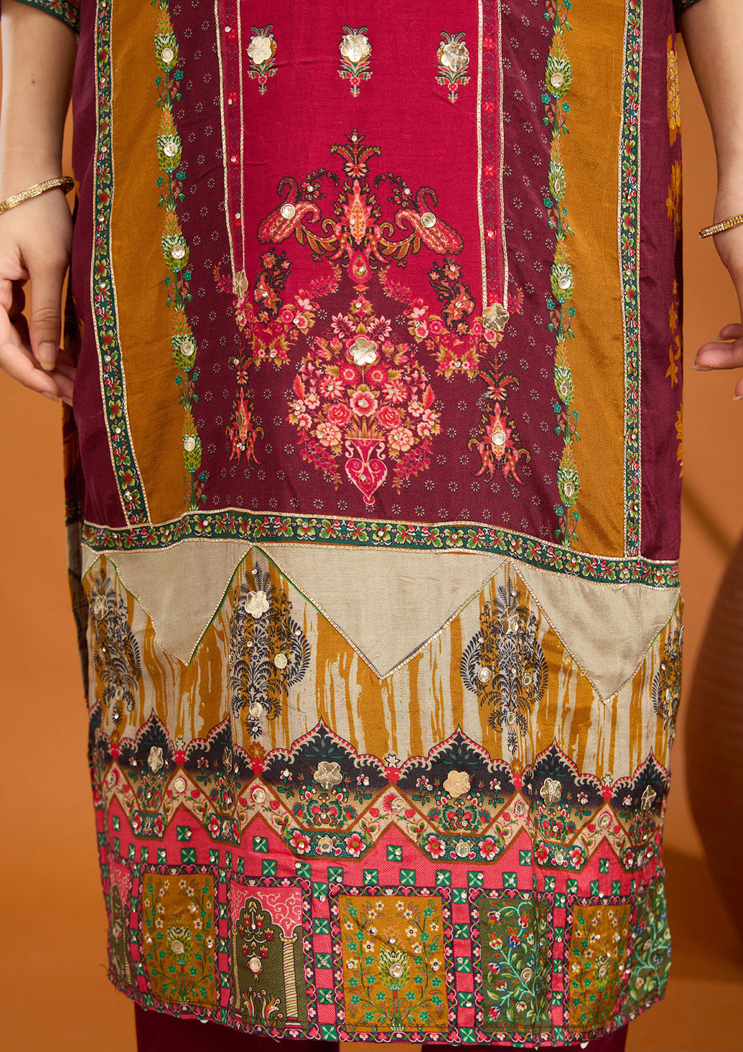 Wine Mirrorwork Tissue Readymade Salwar Suit