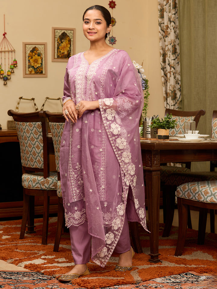 Mauve Threadwork Chanderi Readymade Salwar Suit