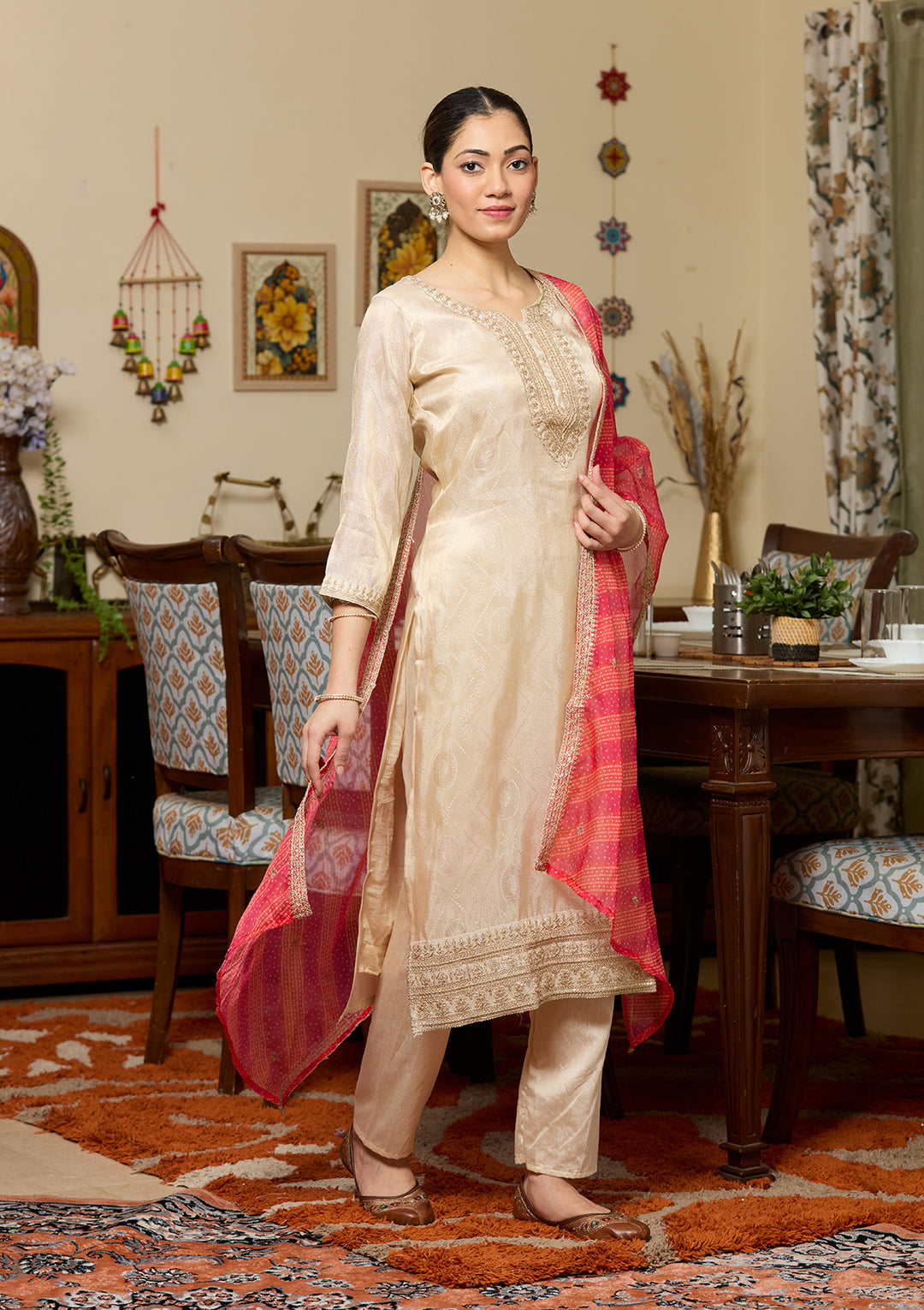 Beige Zariwork (Gold) Tissue Readymade Salwar Suit