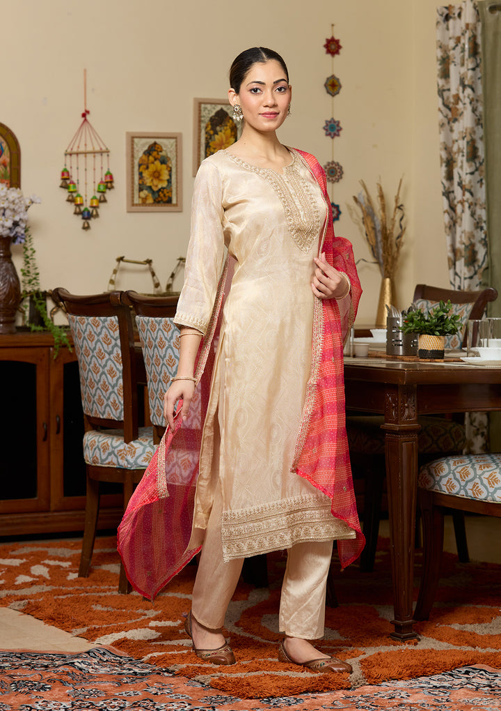 Beige Zariwork (Gold) Tissue Readymade Salwar Suit