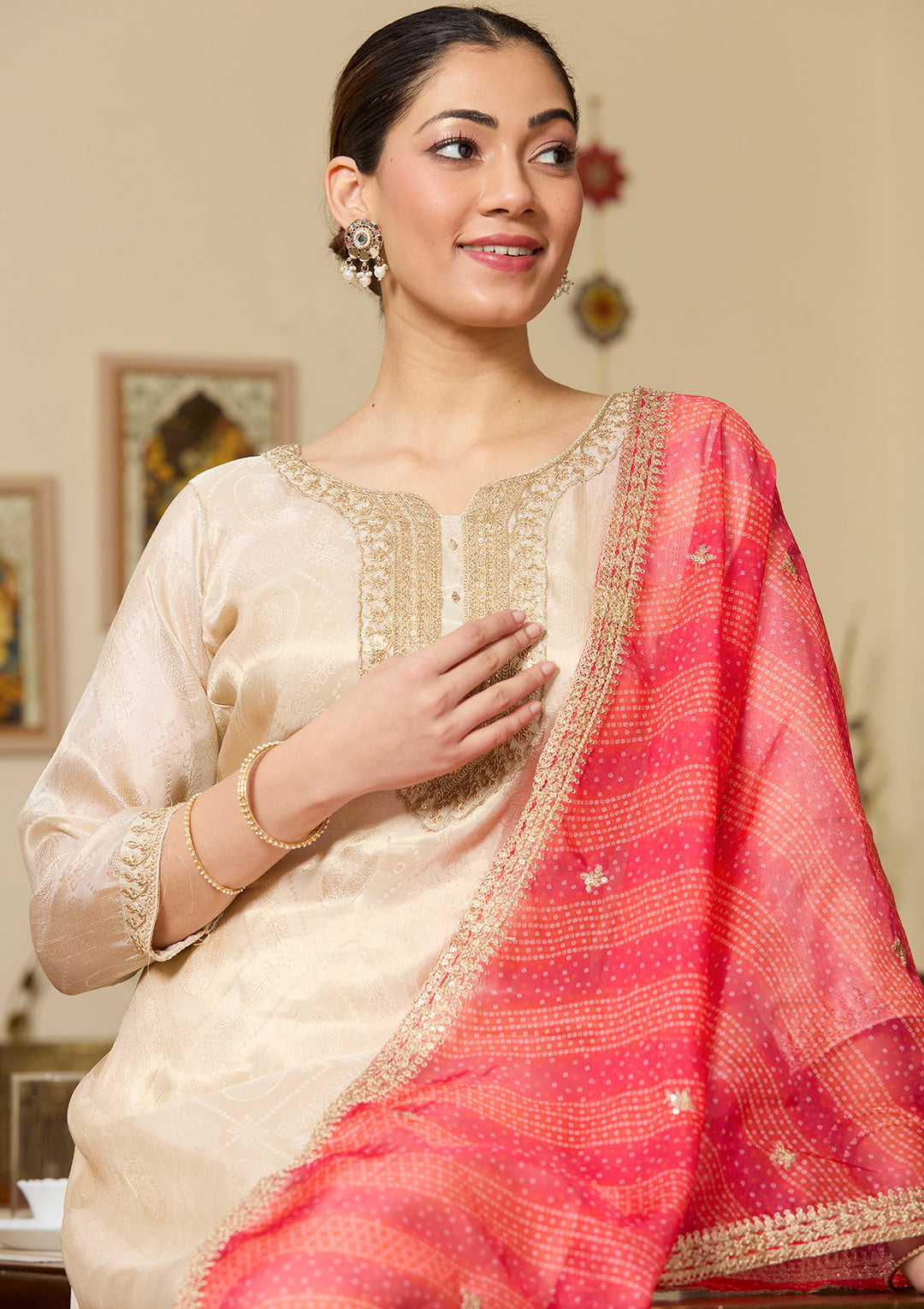 Beige Zariwork (Gold) Tissue Readymade Salwar Suit