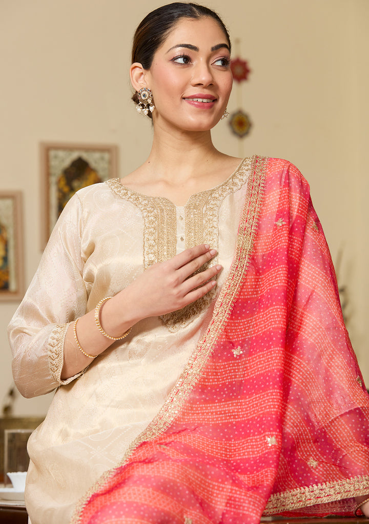 Beige Zariwork (Gold) Tissue Readymade Salwar Suit