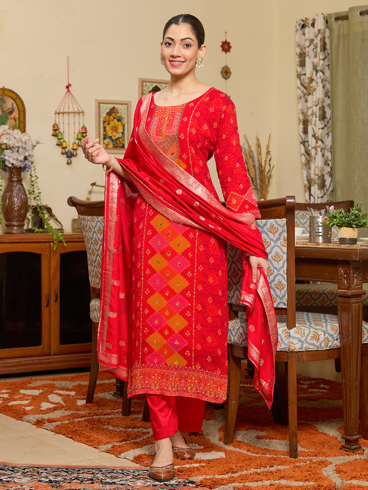Red Stonework Tissue Readymade Salwar Suit