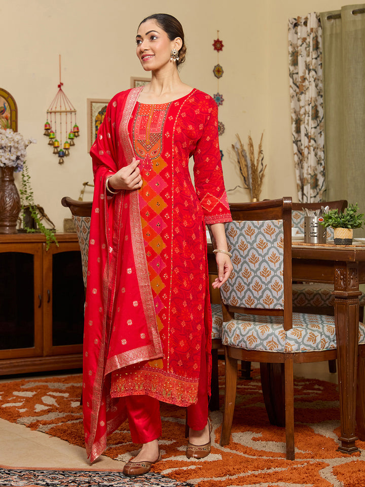 Red Stonework Tissue Readymade Salwar Suit